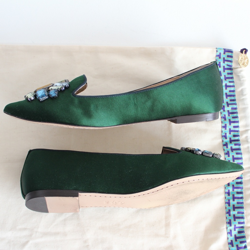 Tory Burch Mayada Emerald Satin Smoking Flats 10M - Picture 4 of 8